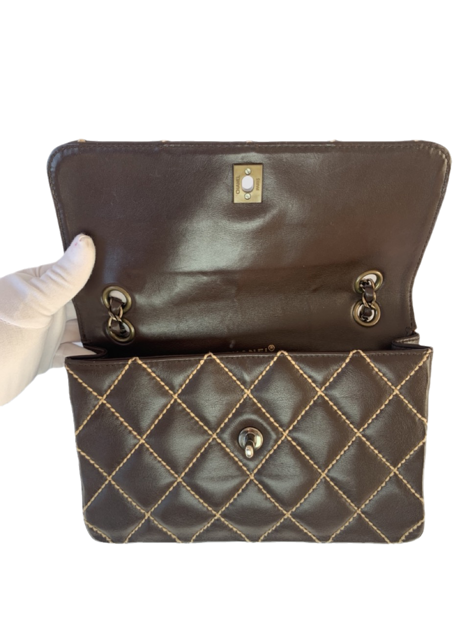 Sold Chanel Wild Stitch Flap Brown Leather with Beige Stitching Sold Chanel Wild Stitch Flap Brown Leather with Beige Stitching