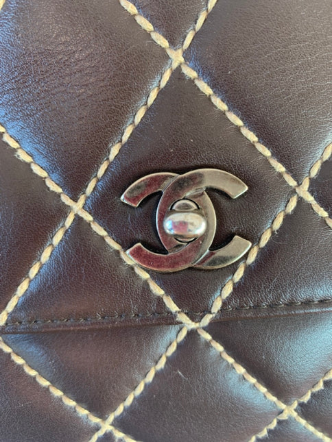 Sold Chanel Wild Stitch Flap Brown Leather with Beige Stitching Detail