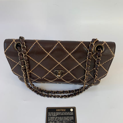 Sold Chanel Wild Stitch Flap Brown Leather with Beige Stitching Detail