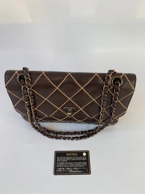 Sold Chanel Wild Stitch Flap Brown Leather with Beige Stitching Detail