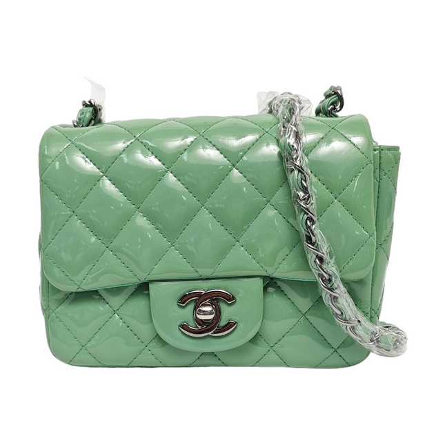 Chanel Classic Flap Mini Square Light Green Patent Leather Silver Hardware