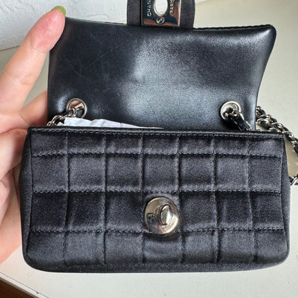 Chanel Extra Mini Flap Bag Black Satin Choco Bar Lipstick Mirror Crossbody, 2005