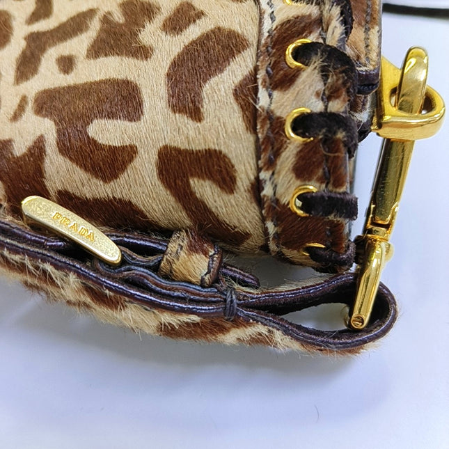 Prada Messenger Leopard Print Pony-style Calfskin Fringe Trimmed Shoulder Bag
