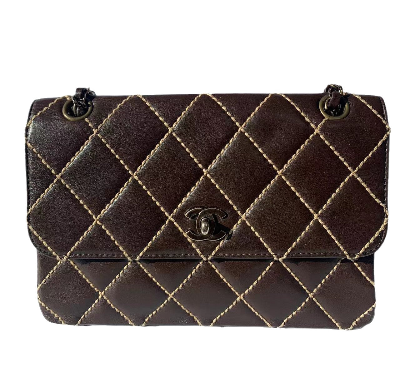 Sold Chanel Wild Stitch Flap Brown Leather with Beige Stitching