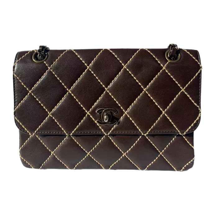Sold Chanel Wild Stitch Flap Brown Leather with Beige Stitching Detail-Luxbags