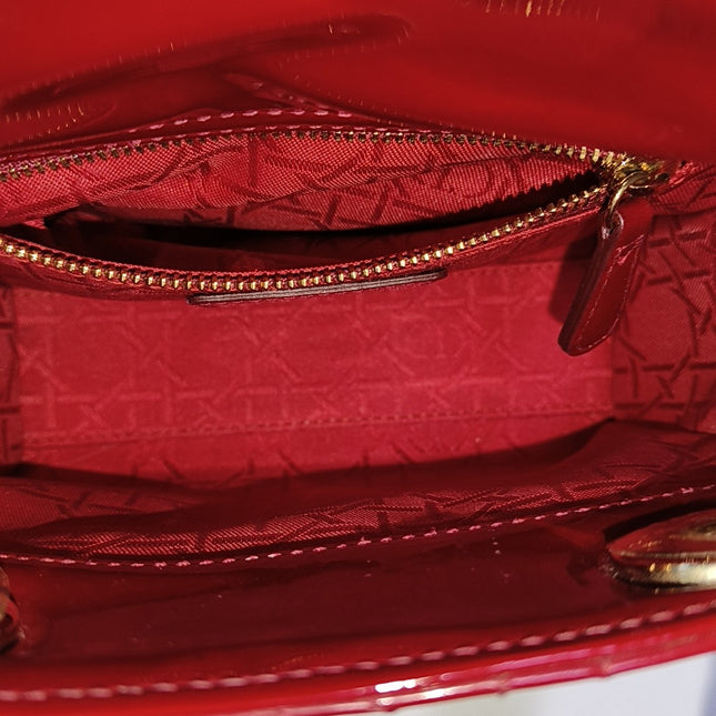 Lady Dior Mini Handbag Burgundy Red Patent Leather Gold-tone Chain Strap