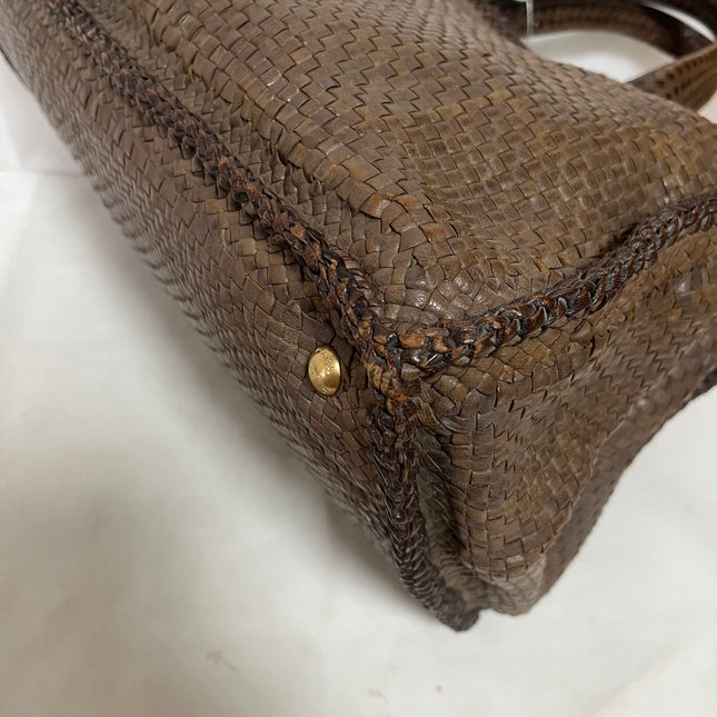 Prada Madras Brown Woven Leather Top Handle Shopping Tote