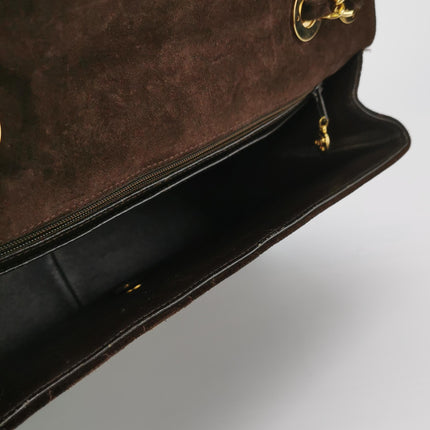 Chanel Classic Flap Maxi Chocolate Brown Suede Leather Giant Gold CC Logo