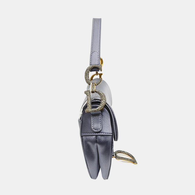 Dior Saddle Mini Silk Blue Grey with Crystal Embedded Buckles