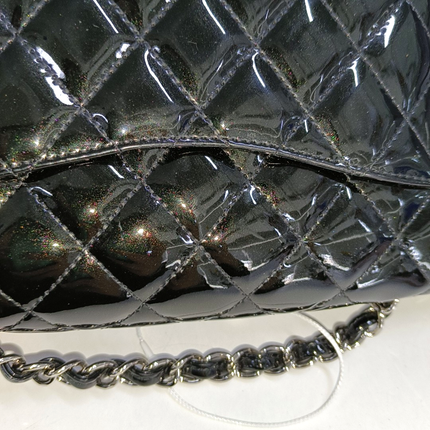 Chanel Baguette Flap Shoulder Bag Black Patent Leather Silver Double Chain