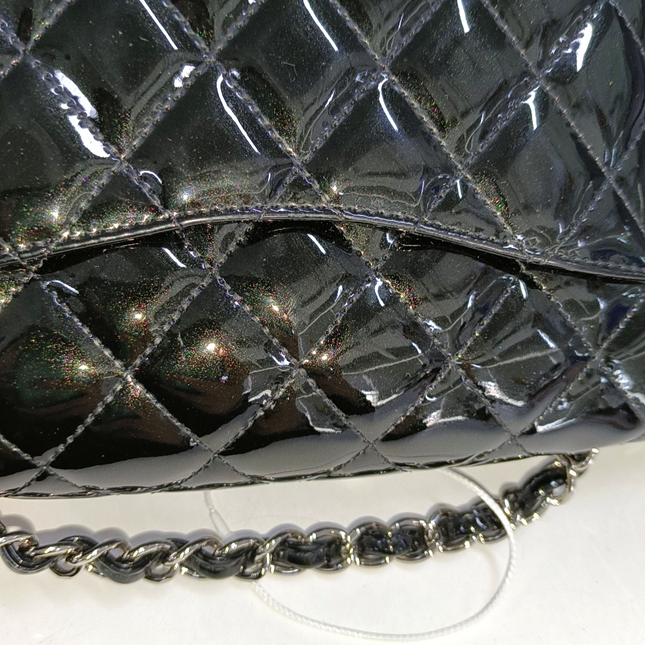 Chanel Baguette Flap Shoulder Bag Black Patent Leather Silver Double Chain