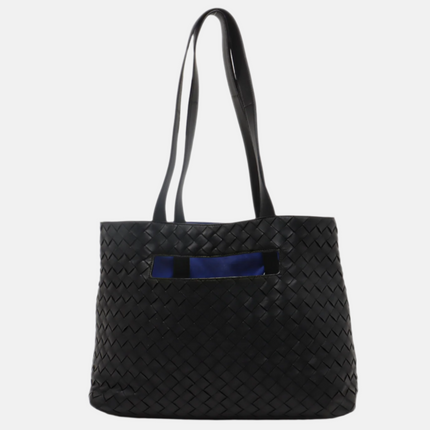Bottega Veneta Slot Tote Black Intrecciato Leather Blue Suede Interior-Luxbags