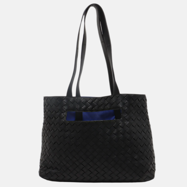 Bottega Veneta Slot Tote Black Intrecciato Leather Blue Suede Interior-Luxbags