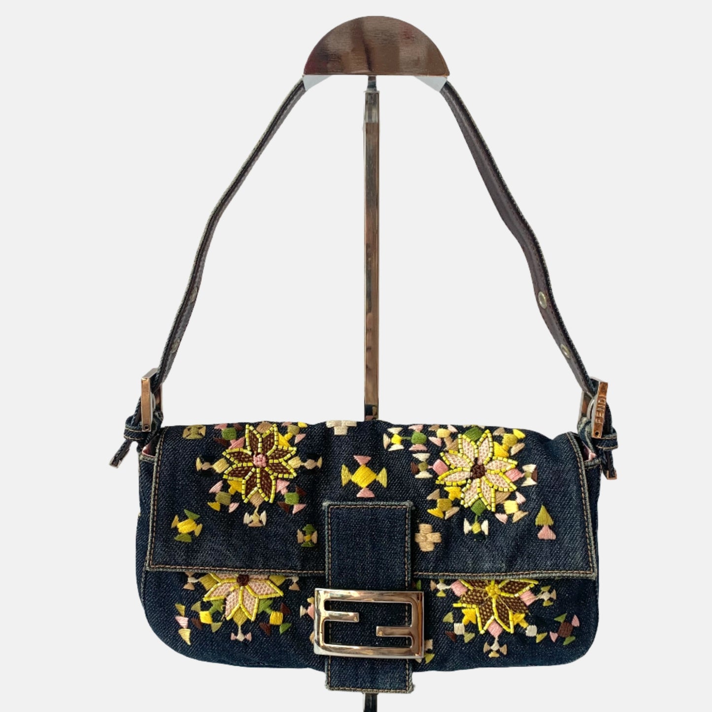 Fendi Baguette Denim with Floral Embroidery-Luxbags