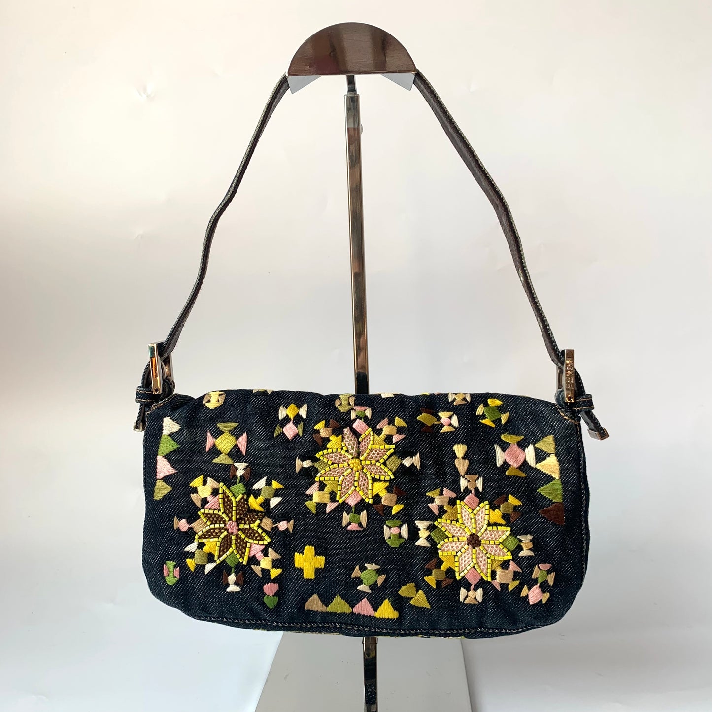 Fendi Baguette Denim with Floral Embroidery