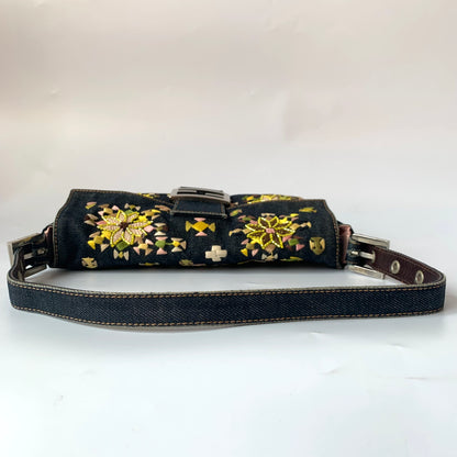 Fendi Baguette Denim with Floral Embroidery