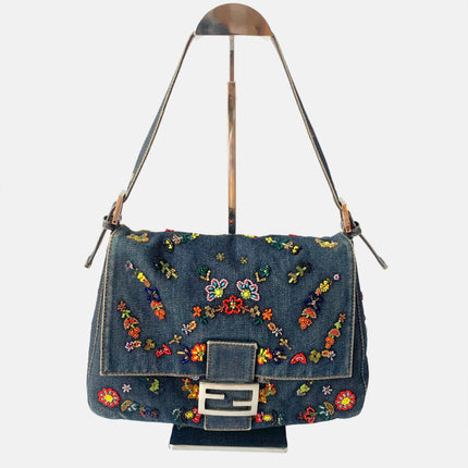 FENDI Mamma Baguette Blue Denim with Floral Beads