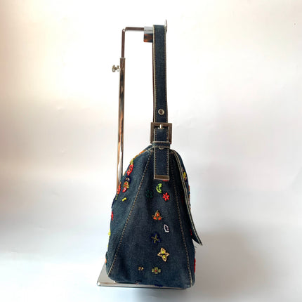 FENDI Mamma Baguette Blue Denim with Floral Beads