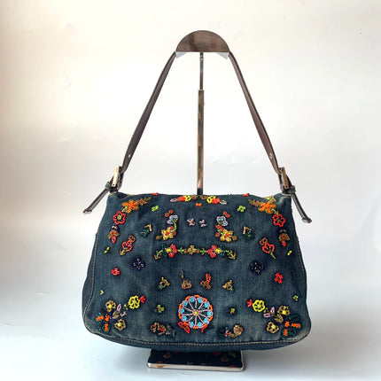 FENDI Mamma Baguette Blue Denim with Floral Beads