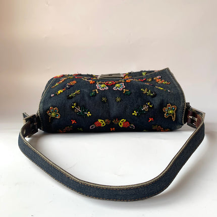 FENDI Mamma Baguette Blue Denim with Floral Beads