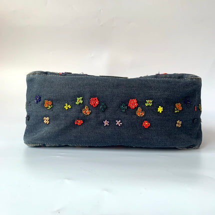 FENDI Mamma Baguette Blue Denim with Floral Beads