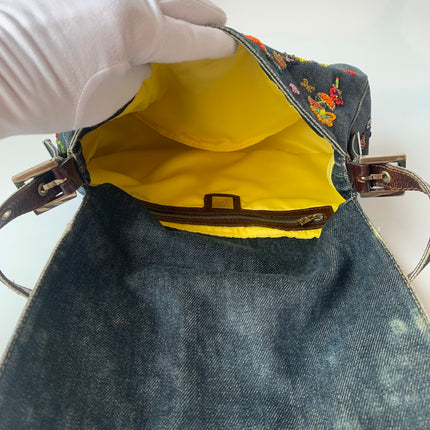 FENDI Mamma Baguette Blue Denim with Floral Beads
