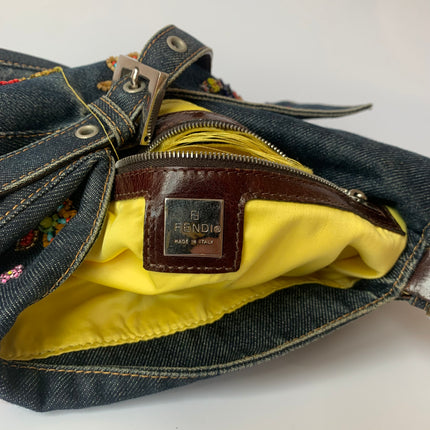 FENDI Mamma Baguette Blue Denim with Floral Beads