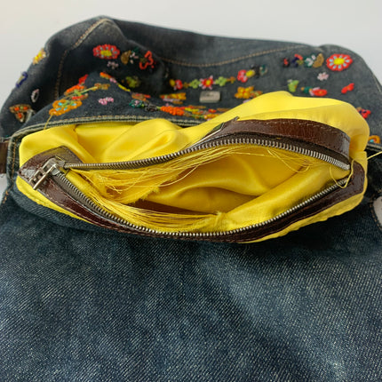 FENDI Mamma Baguette Blue Denim with Floral Beads