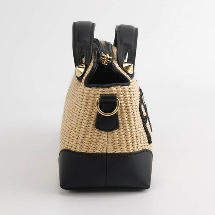 Sold Fendi By The Way Mini Raffia Straw Black Leather Crossbody Bag