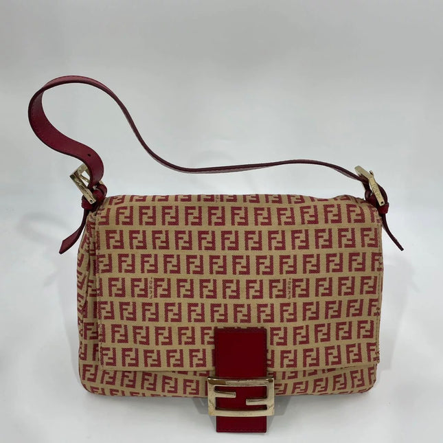 Fendi Mamma Baguette Red Classic Zucchino Monogram Shoulder Bag