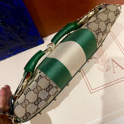 Gucci Horsebit 1955 Chain Cloth Gucci Monogram Green Leather and Gold Studs