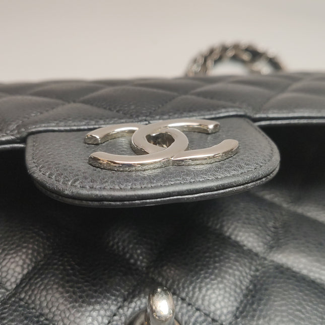 Chanel Classic Flap Maxi Black Caviar Leather Double Flap Sliver Hardware