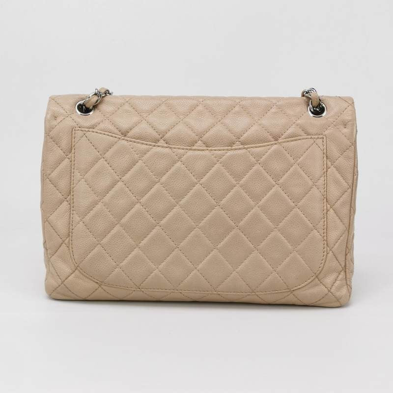 Chanel Classic Flap Maxi Beige Lambskin Leather Giant Siver-tone CC Logo