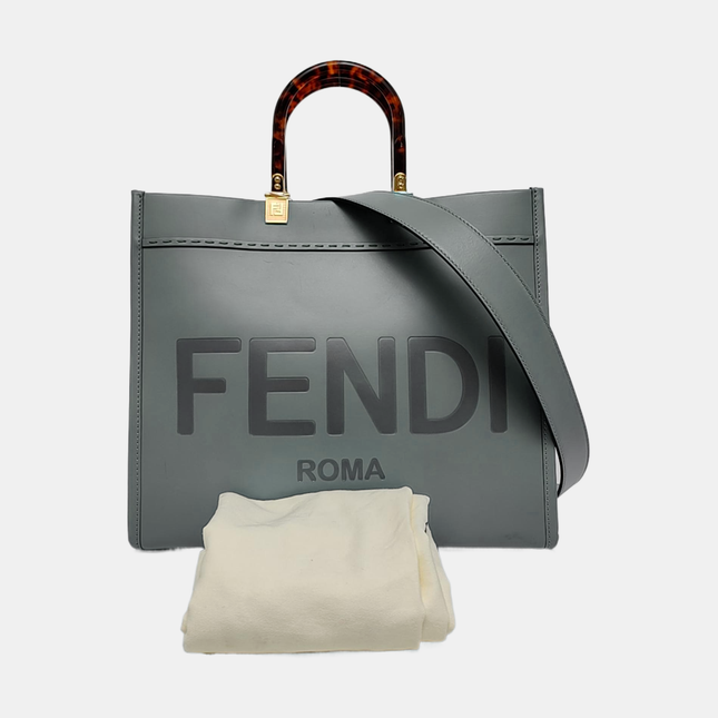 Fendi Sunshine Tote Medium Greyish Blue Top Handle Bag with Strap