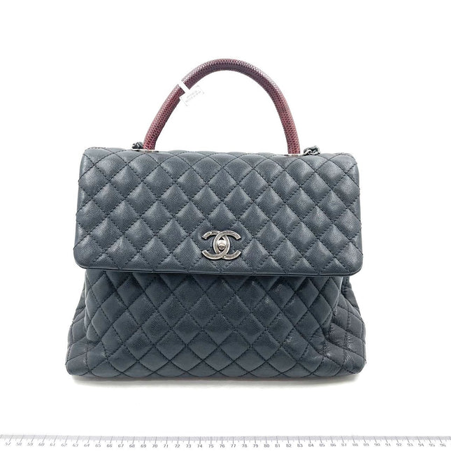 Chanel Coco Handle Maxi Black Caviar Leather Burgundy Lizard Handle Silver Hardware 32cm