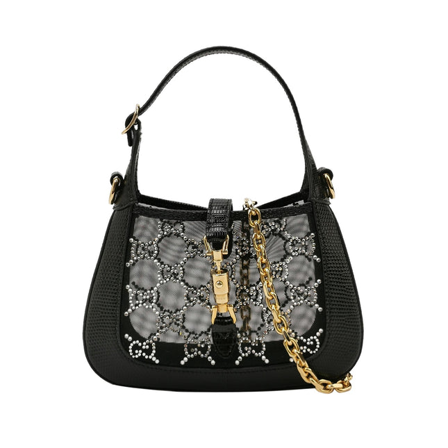 Gucci Jackie 1961 Mini Black Lizard Skin Mesh with Crystals Chain Strap-Luxbags