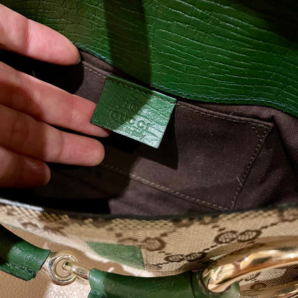 Gucci Horsebit 1955 Chain Bag Gucci Monogram Green Leather and Gold Studs