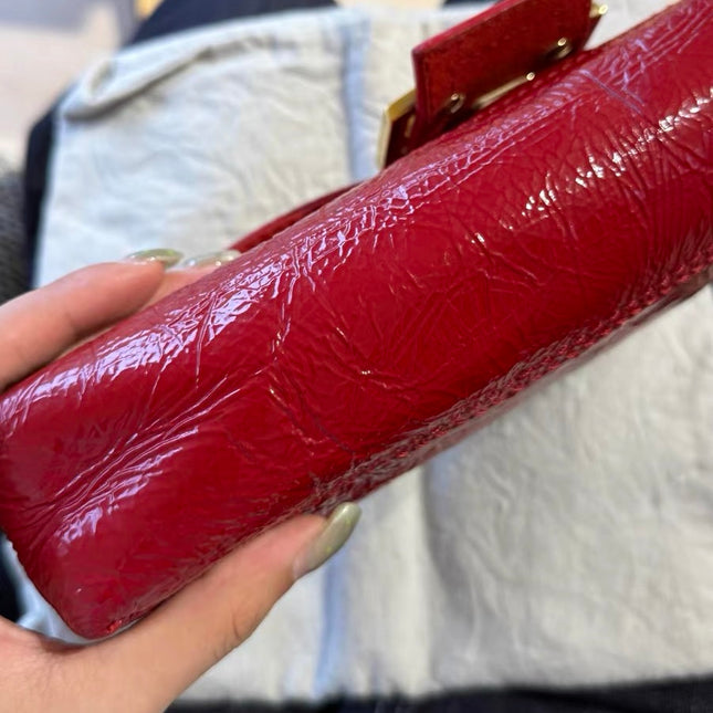FENDI Baguette Red Crinkled Patent Leather Shoulder Bag