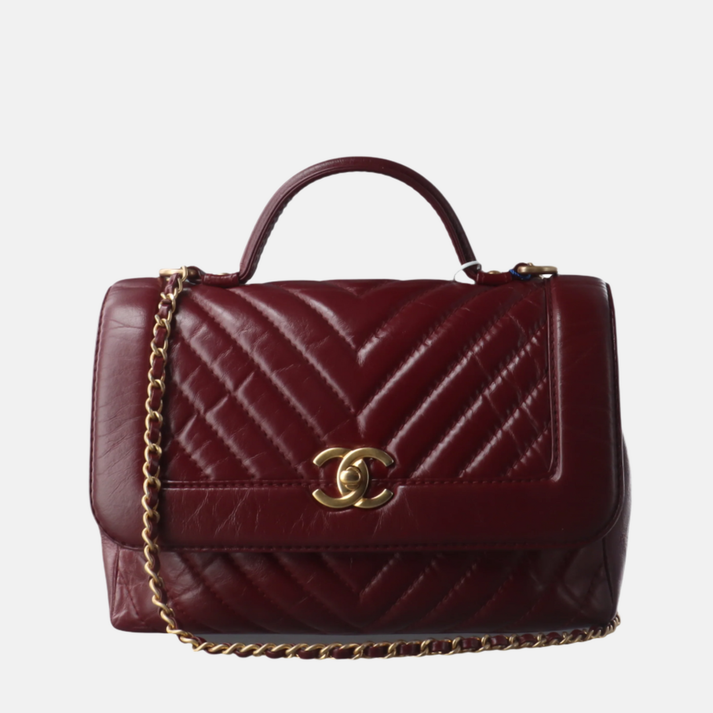 Chanel Top Handle Chevron Flap Bag Mini Burgundy Calfskin Leather, 2017-Luxbags