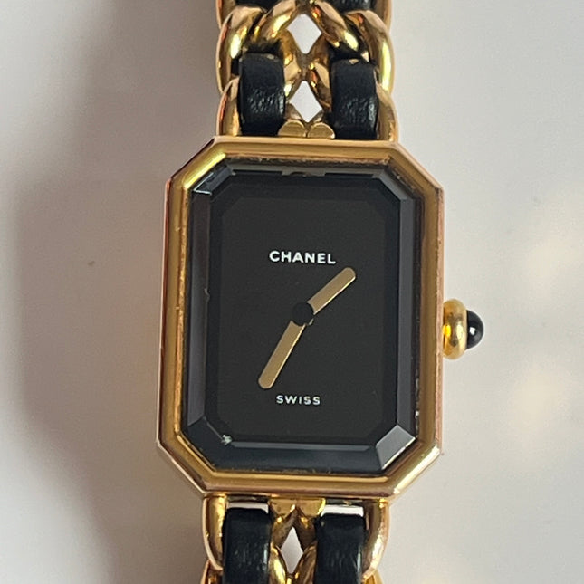 CHANEL 1987 Vintage PREMIERE Watch L Black Leather and 24KT Yellow Gold Plated