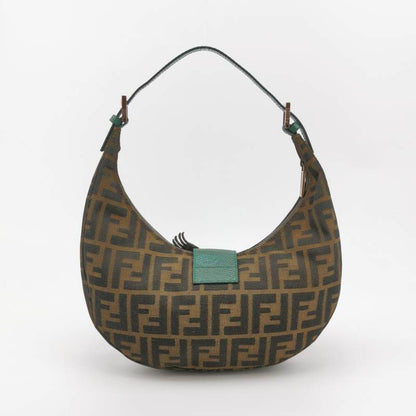 Fendi Croissant Shoulder Bag Medium Zucca Monogram Canvas Lizard-skin Strap Bird Brooch