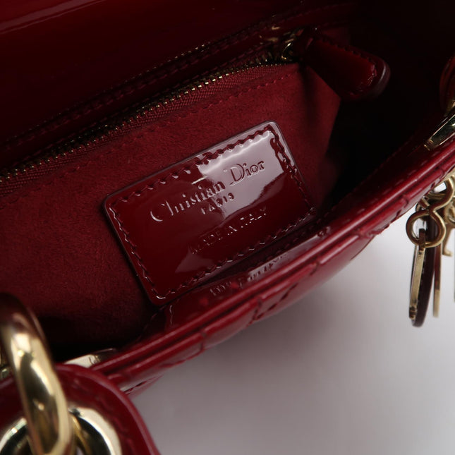 Lady Dior Mini 2019 Red Burgundy Patent Leather Gold Hardware Suede Interior Chain Strap