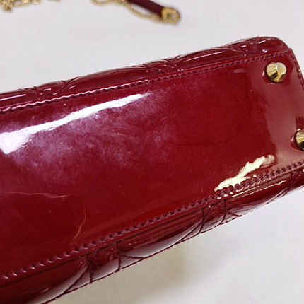 Lady Dior Mini Handbag Burgundy Red Patent Leather Gold-tone Chain Strap