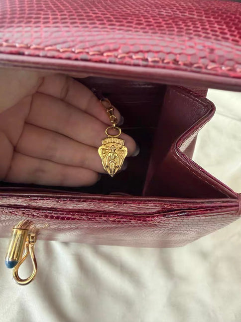Gucci Vintage Bag Burgundy Lizard Leather Blue Lapis Lazuli Stone Gold-tone Hardware