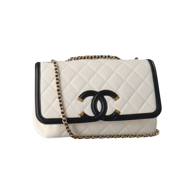 Chanel Filigree Flap Bag Caviar Leather Small White with Black Trim-Luxbags