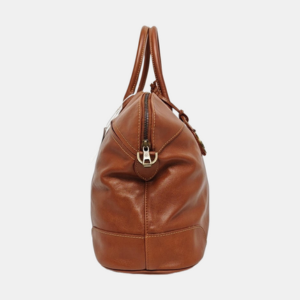 Longchamp Au Sultan Weekender Brown Leather Top Handle Travel Bag Canvas Strap