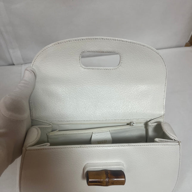 Gucci Bamboo 1947 Top Handle Bag White Grained Leather Medium