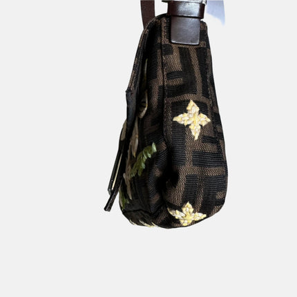 Fendi Baguette Zucca Monogram with Straw Floral Embroidery