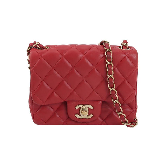 Chanel Classic Flap Mini Square Red Lambskin Leather Gold Hardware-Luxbags