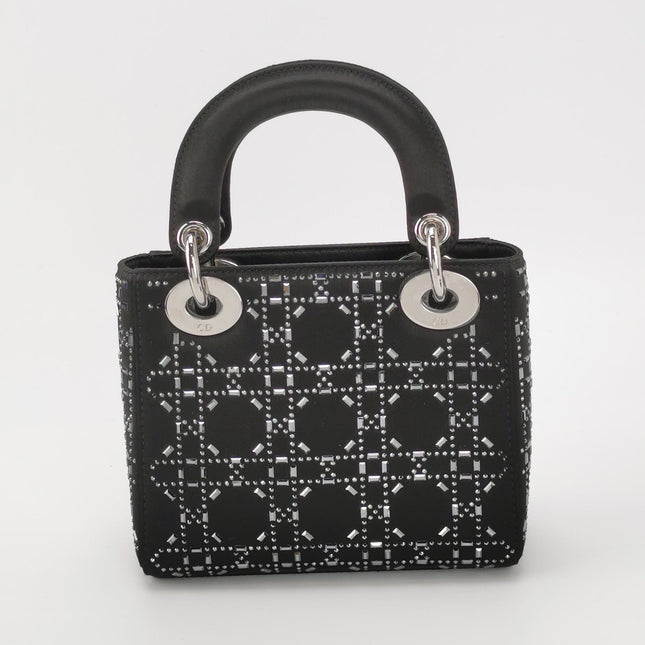 Lady Dior Mini Black Silk with Crystals Silver Hardware